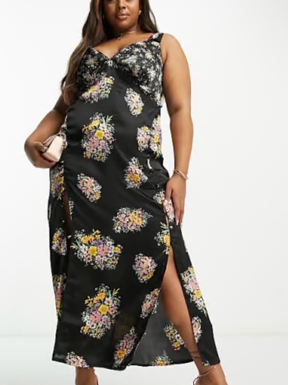 ASOS Curve Black Maxi Dress with Pink & Yellow Floral Bouquets